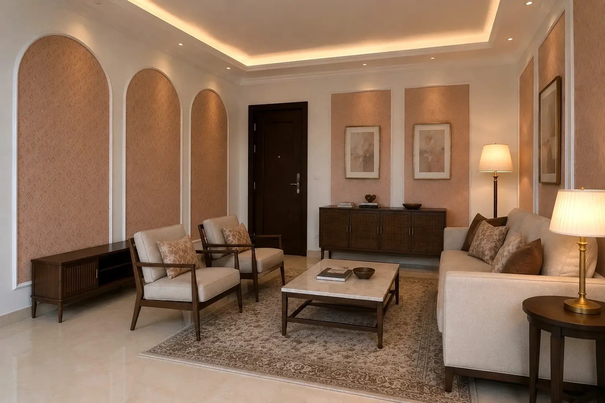 Modern classic 3BHK living room interior design with arched feature wall, Ghaziabad by IndecSpace