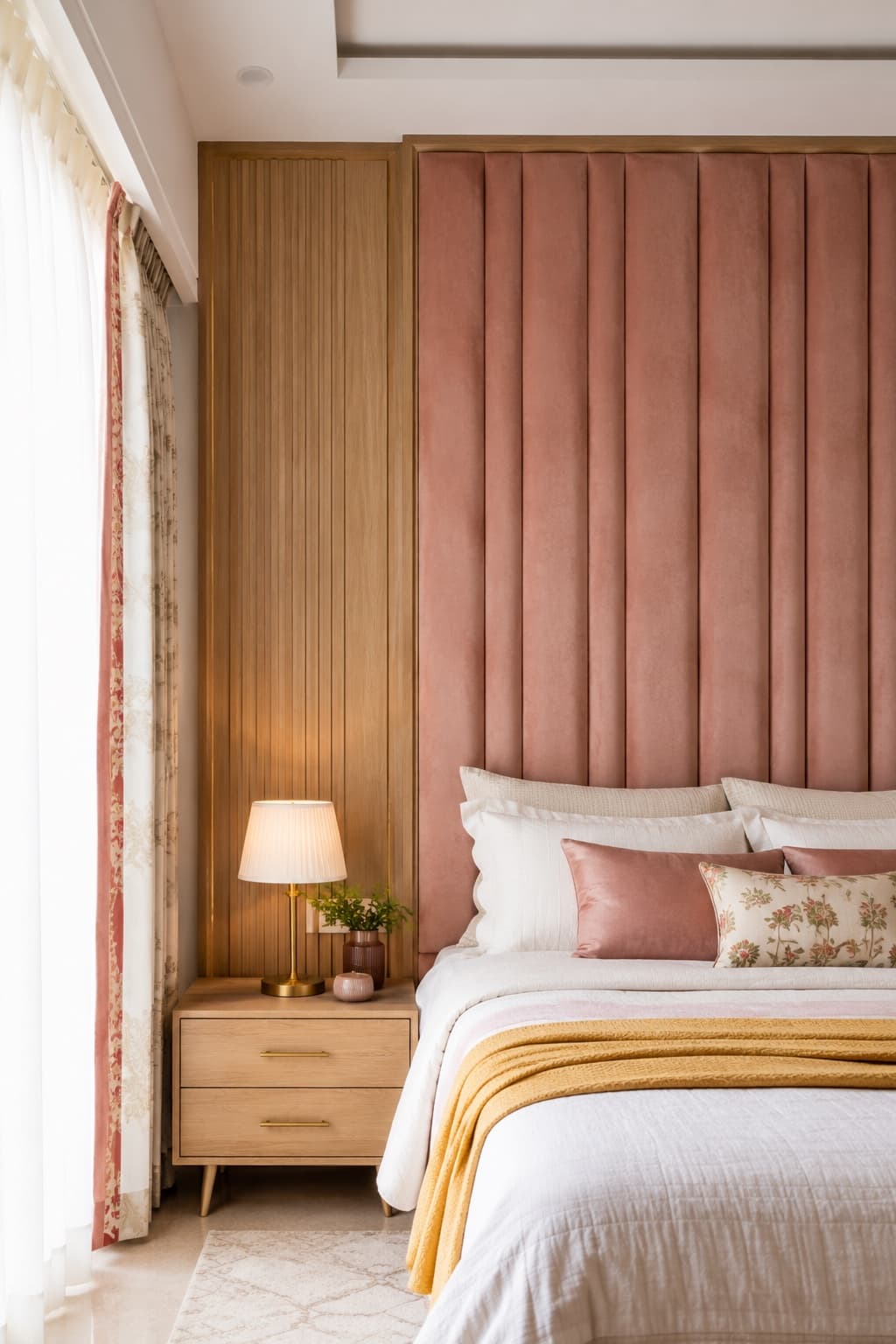 Contemporary Master Bedroom Design with Blush Pink Upholstered Headboard | Interior Design Idea by IndecSpace