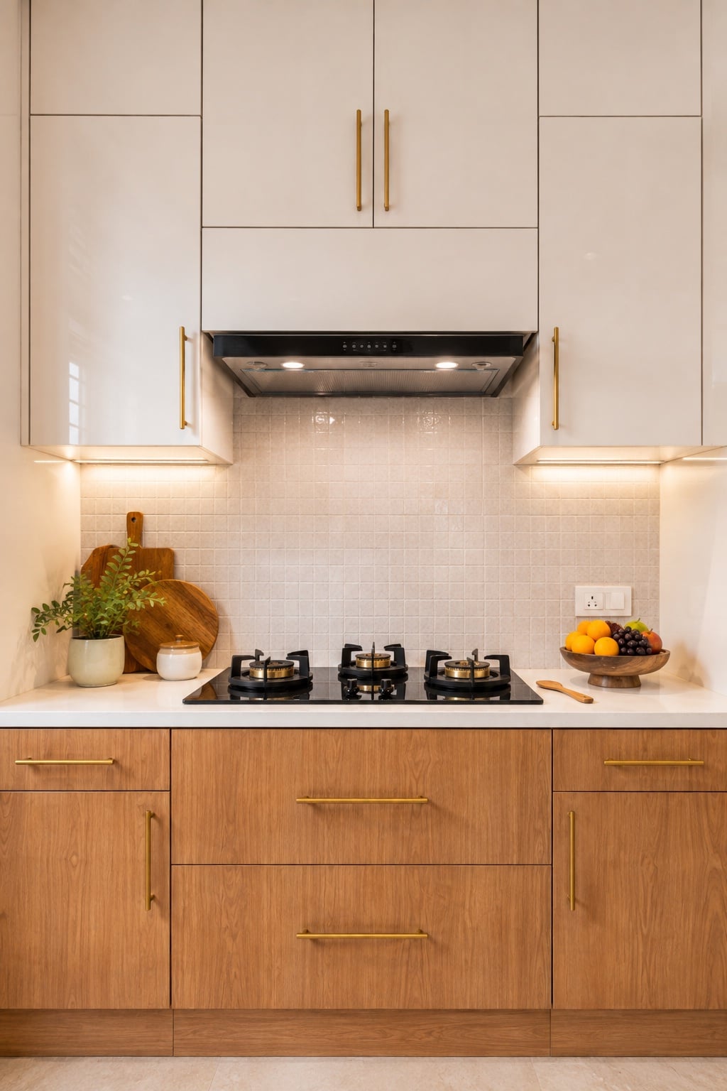Contemporary L-Shaped Modular Kitchen Design with Walnut and Ivory Finish | Interior Design Idea by IndecSpace