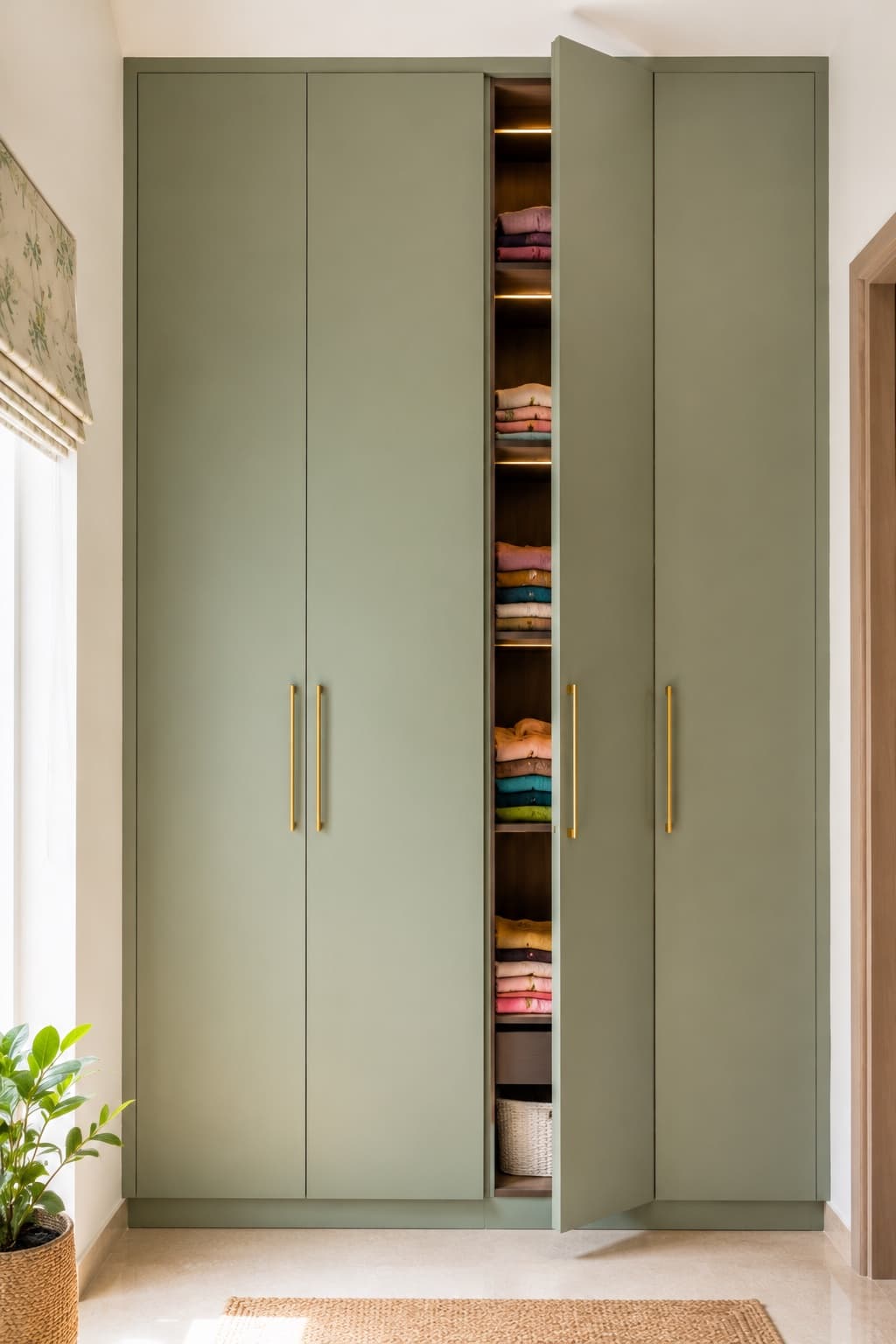 Minimal Sliding Wardrobe Design with Sage Green Shutters | Interior Design Idea by IndecSpace