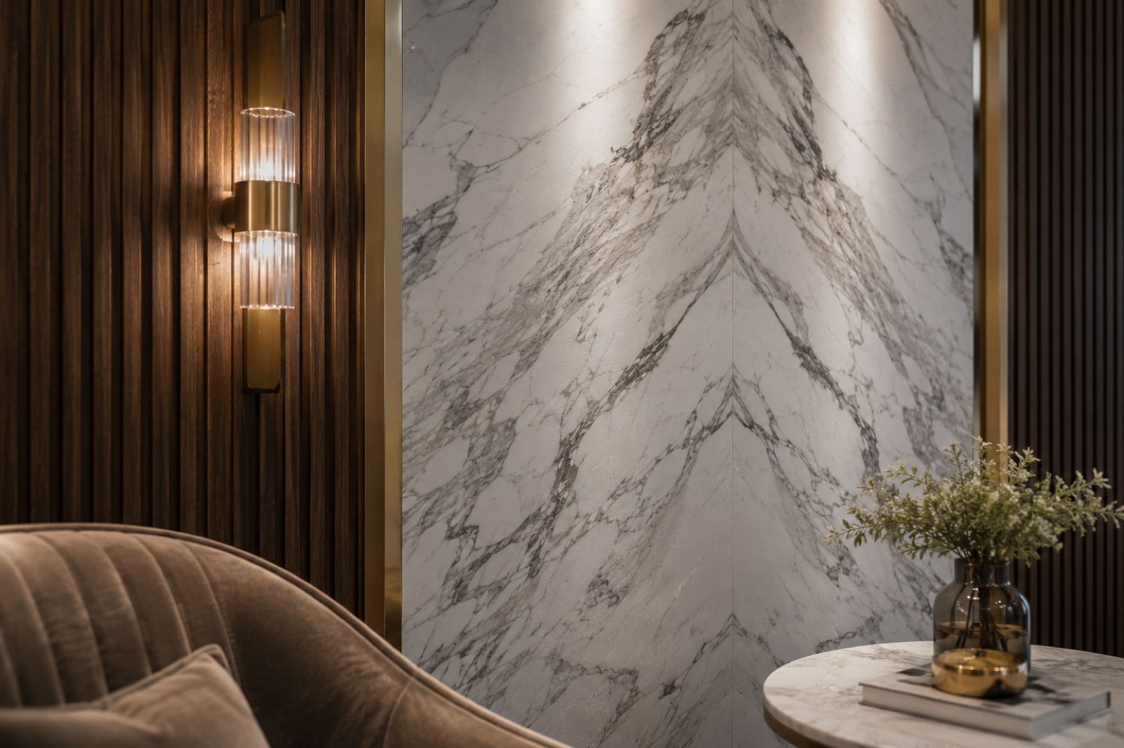 Luxury marble and wood interior detailing Delhi NCR by IndecSpace
