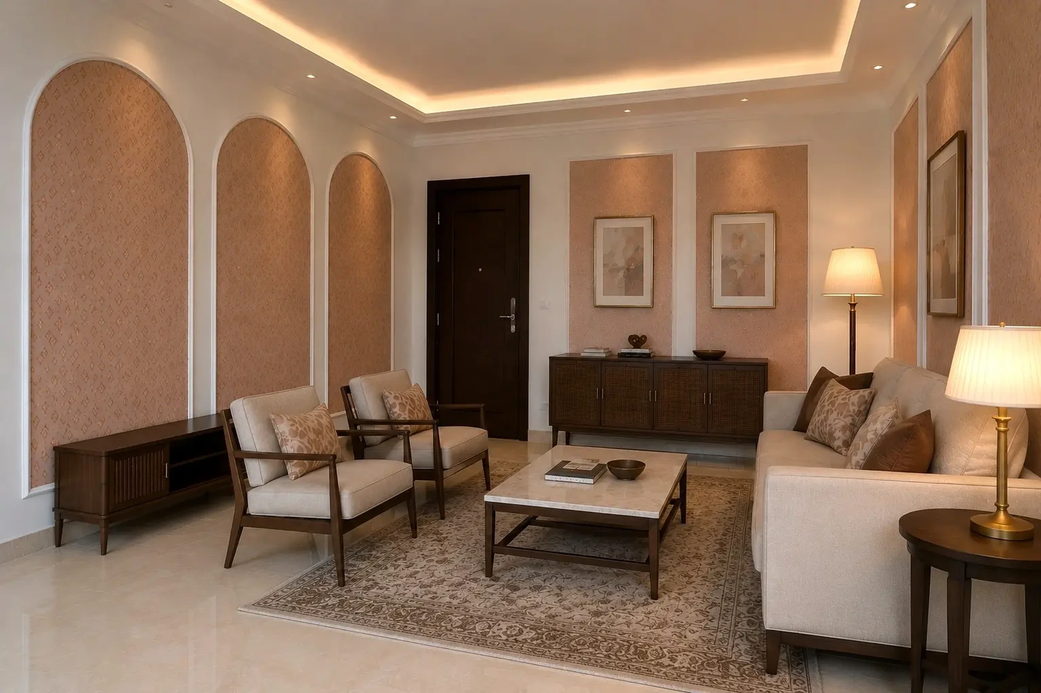 Modern classic 3BHK living room interior design with arched feature wall, Ghaziabad by IndecSpace